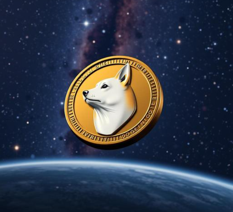 A golden Dogecoin cryptocurrency coin floating against a backdrop of deep space and stars.